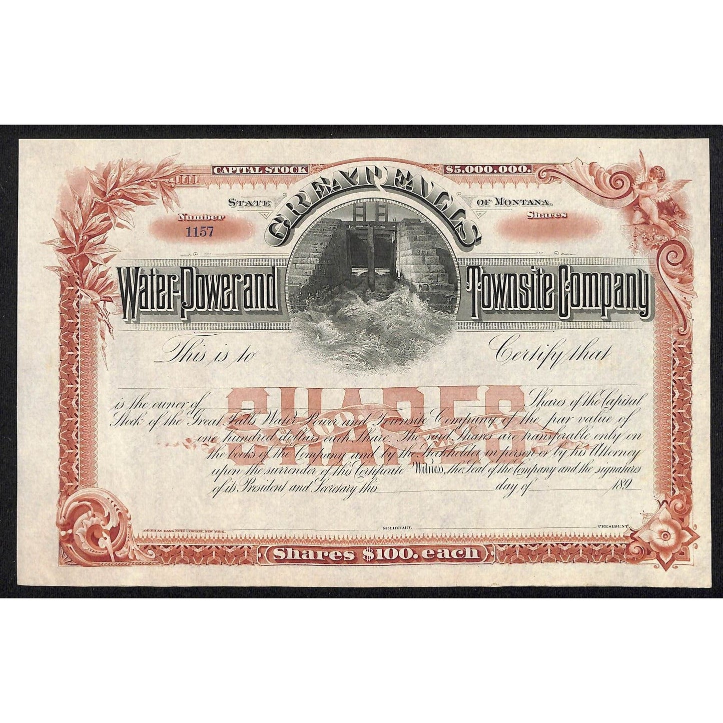 Great Falls Water-Powered Townsite Co. Montana 1890's Unused Stock Certificate
