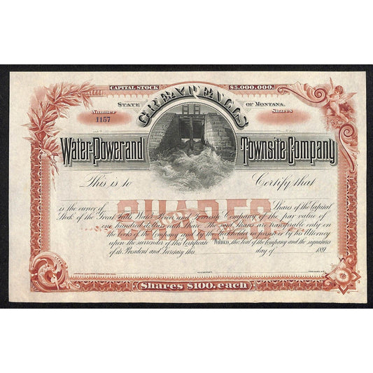 Great Falls Water-Powered Townsite Co. Montana 1890's Unused Stock Certificate