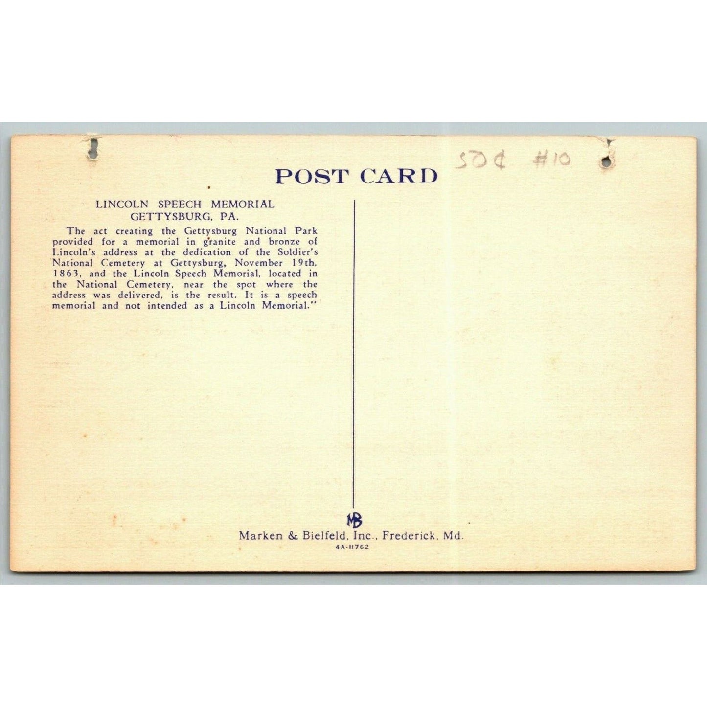 Vintage Linen Postcard Lincoln Speech Memorial, Gettysburg, PA
