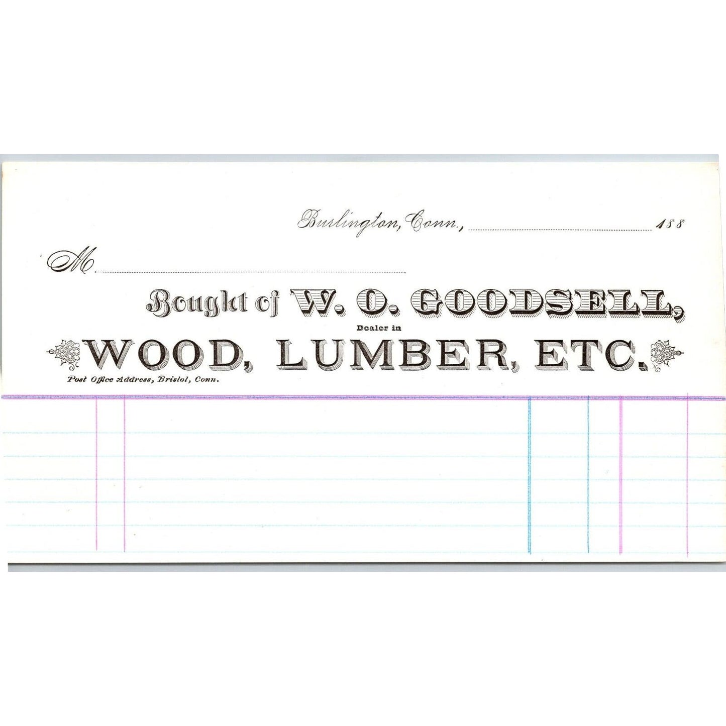 Farmington, CONN W.O. Goodsell 1880 / 1889 Wood Lumber Unused Billhead Scarce
