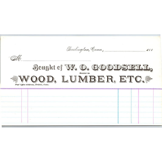 Farmington, CONN W.O. Goodsell 1880 / 1889 Wood Lumber Unused Billhead Scarce