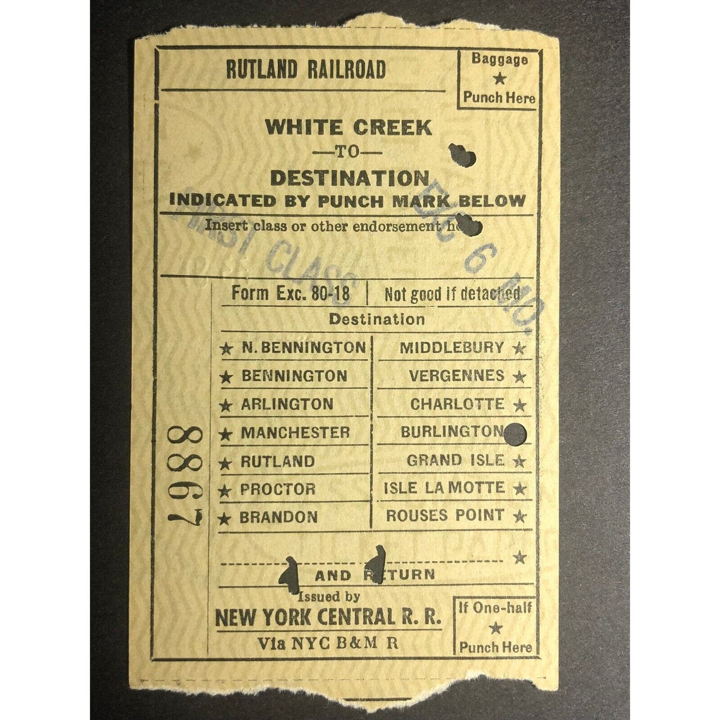1953 Rutland Railroad / NY Central RR "White Creek to" Check / Ticket #8867