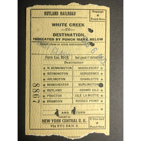 1953 Rutland Railroad / NY Central RR "White Creek to" Check / Ticket #8867
