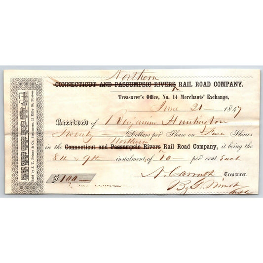 1847 Northern / Connecticut Passumpsic River Railroad Treasurer Stock Receipt