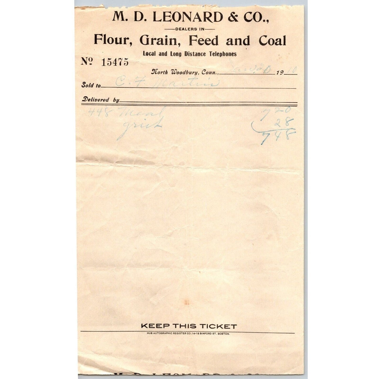 North Woodbury, CONN M.D. Leonard & Co Flour Grain Feed Coal 1910 Billhead