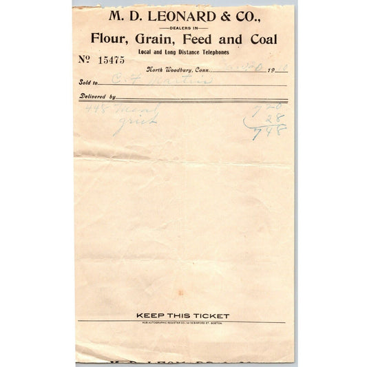 North Woodbury, CONN M.D. Leonard & Co Flour Grain Feed Coal 1910 Billhead