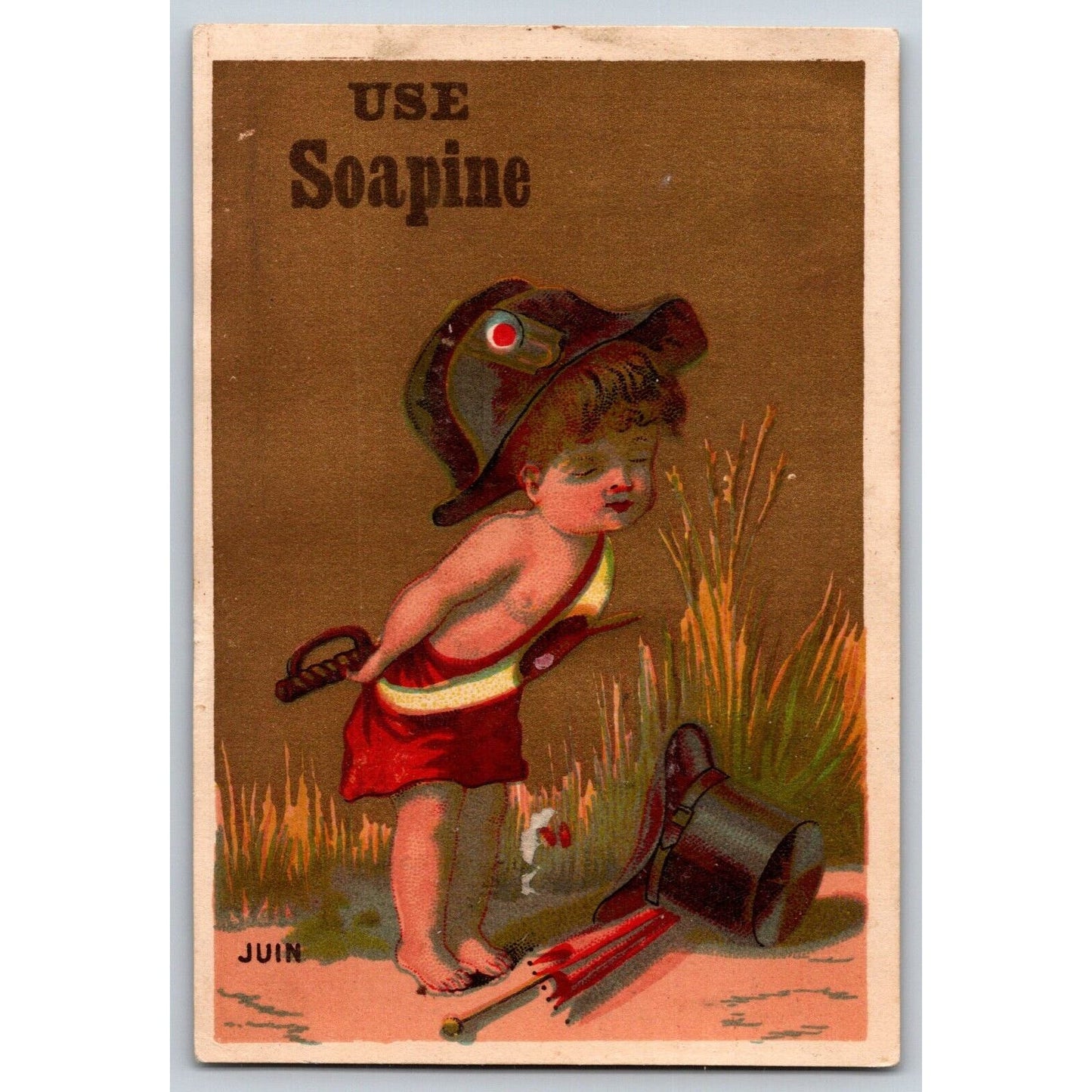 Boy Outdoors w/ Military & Top Hat Parasol & Sword Victorian Trade Card Soapine