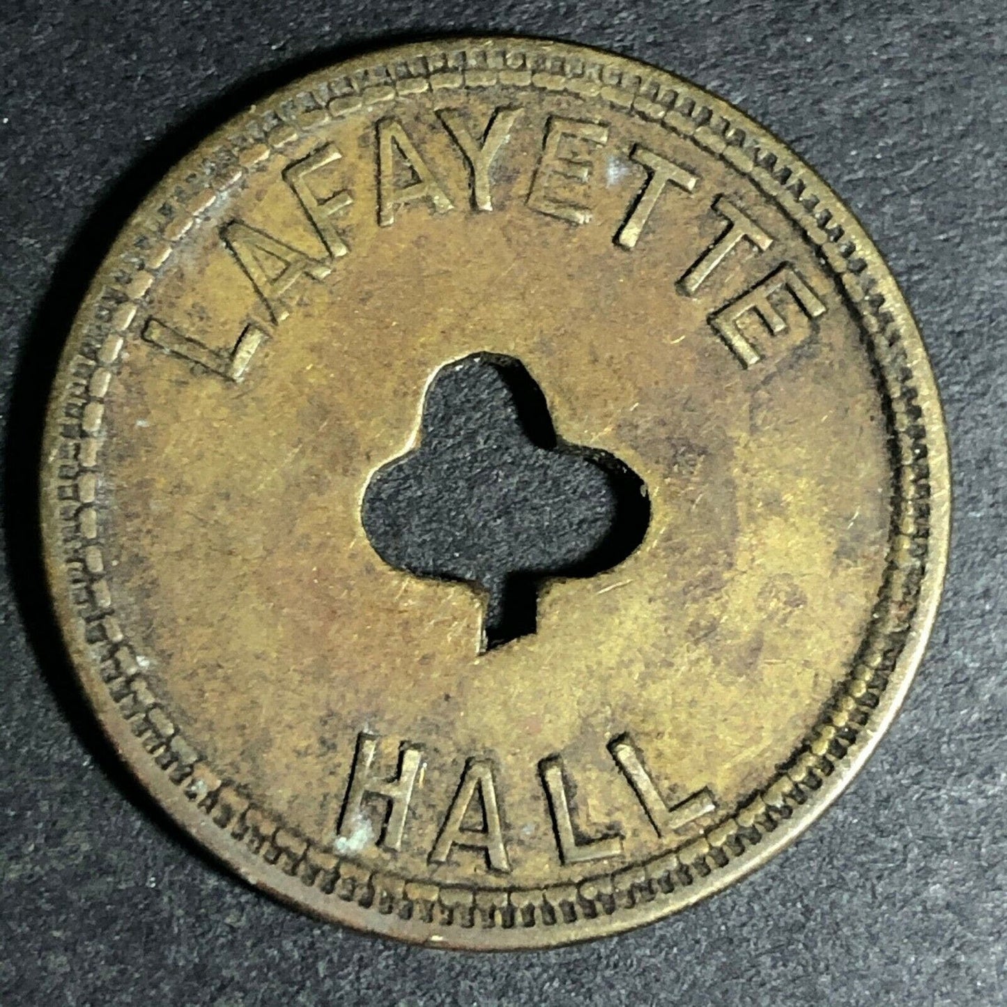 24.5mm Brass Lafayette Hall (Saloon Sacramento, CA) Token Clover Shamrock (#33)