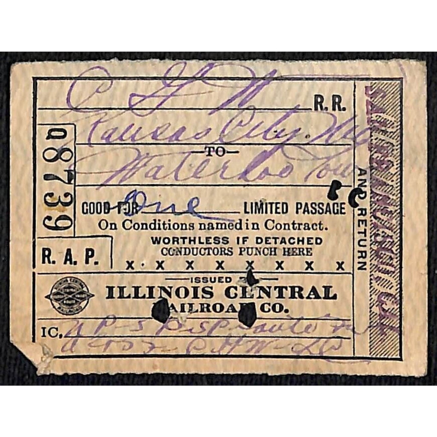 Illinois Central Railroad Ticket Kansas City, MO Waterloo, IA 1920 #8739