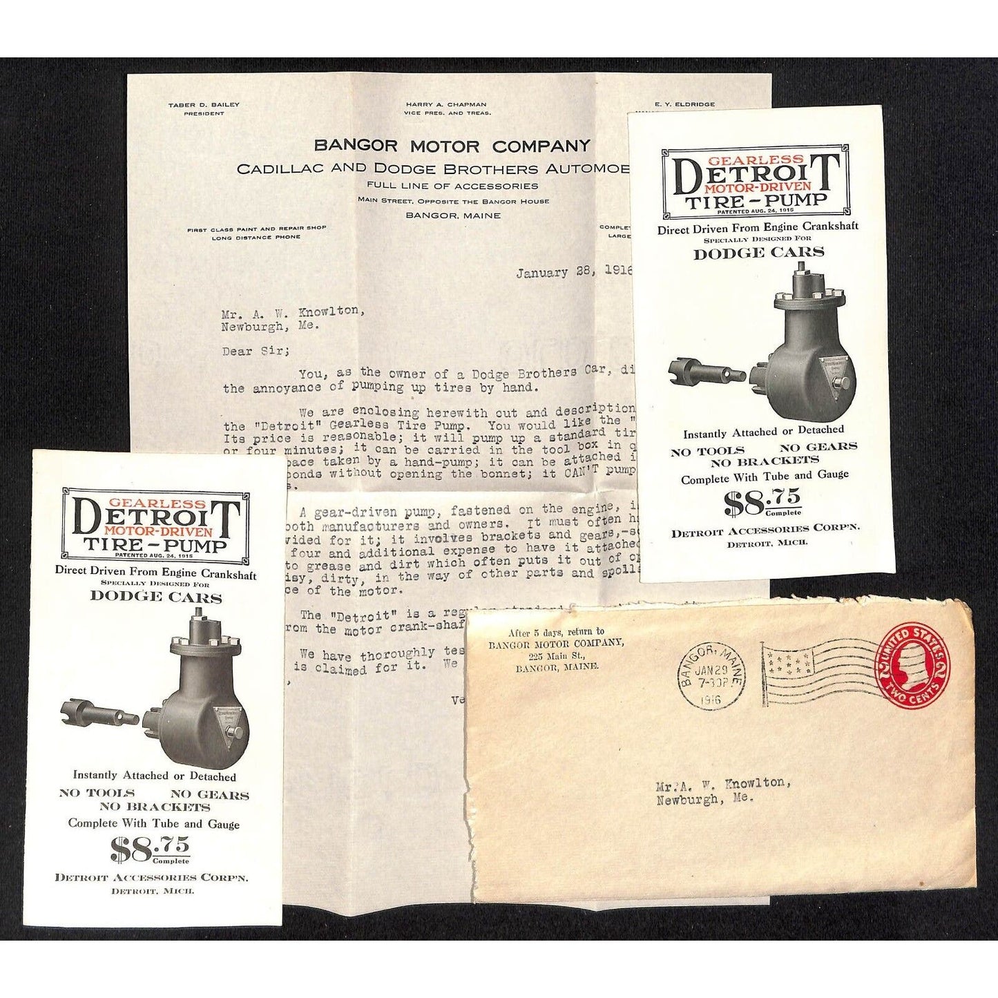Amos W. Knowlton* 1916 Bangor Motor Co. Letterhead Detroit Tire Pump Flyers VGC