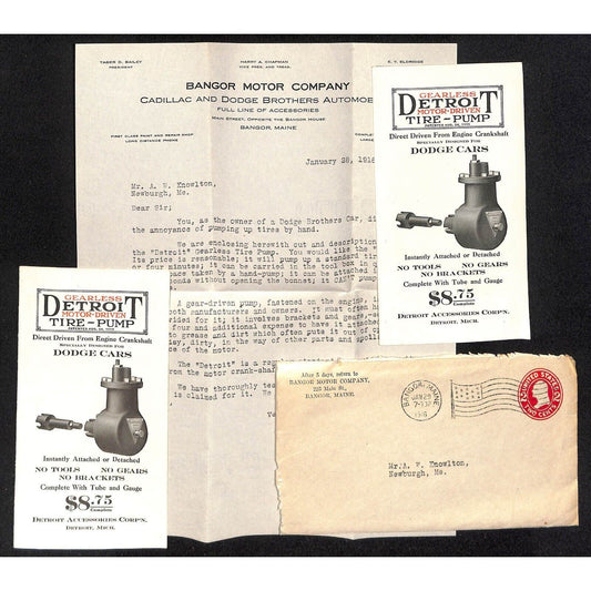 Amos W. Knowlton* 1916 Bangor Motor Co. Letterhead Detroit Tire Pump Flyers VGC