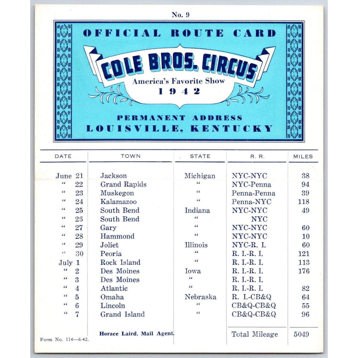 1942 Cole Bros Circus Route Card Michigan Indiana Illinois Iowa Nebraska