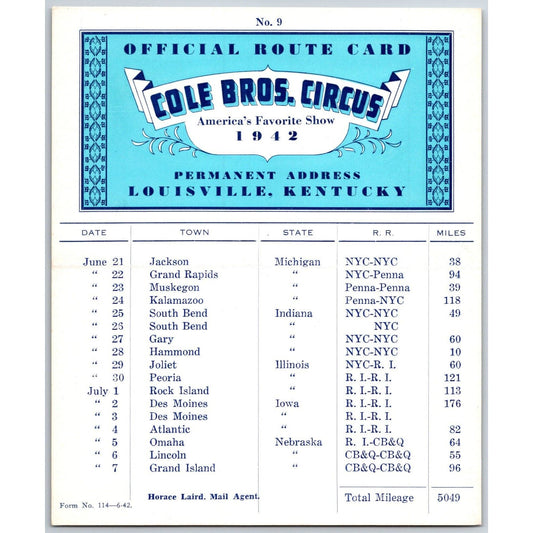 1942 Cole Bros Circus Route Card Michigan Indiana Illinois Iowa Nebraska