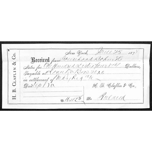 Greenhood Bohm & Co (Clothiers) H.B. Claflin & Co (Silk Suits) 1878 Receipt