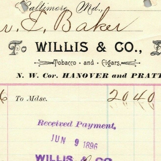 1896 Letterhead / Billhead Willis & Co. Tobacco Cigars Baltimore Ephraim Baker*
