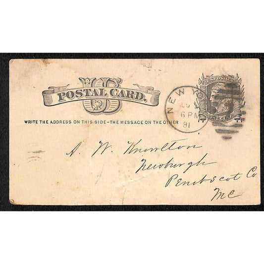 1881 L. Brown 54 Warren St. New York City / Newburgh, ME Postal Card