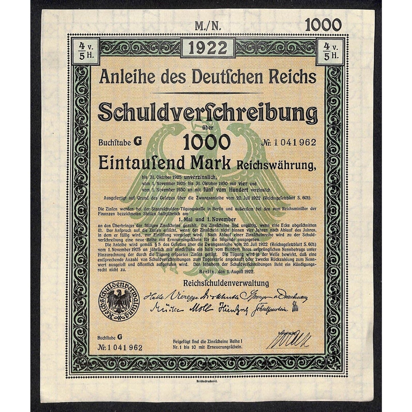 1922 German 1000 Mark Reich Treasury Bond Certificate - No Folds or Creases VGC