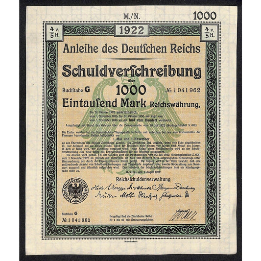 1922 German 1000 Mark Reich Treasury Bond Certificate - No Folds or Creases VGC
