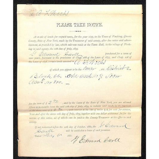 1877 Flushing Queens Unpaid Tax Real Estate Sale 2pp Legal Document - Letterhead