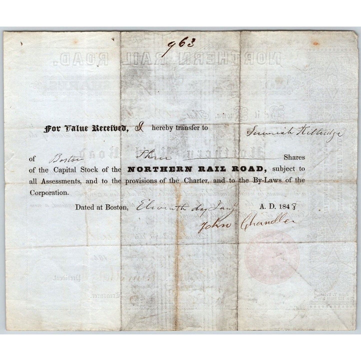 1848 Boston, MA Northern Railroad Stock Certificate No. 2370 for 3 Shares