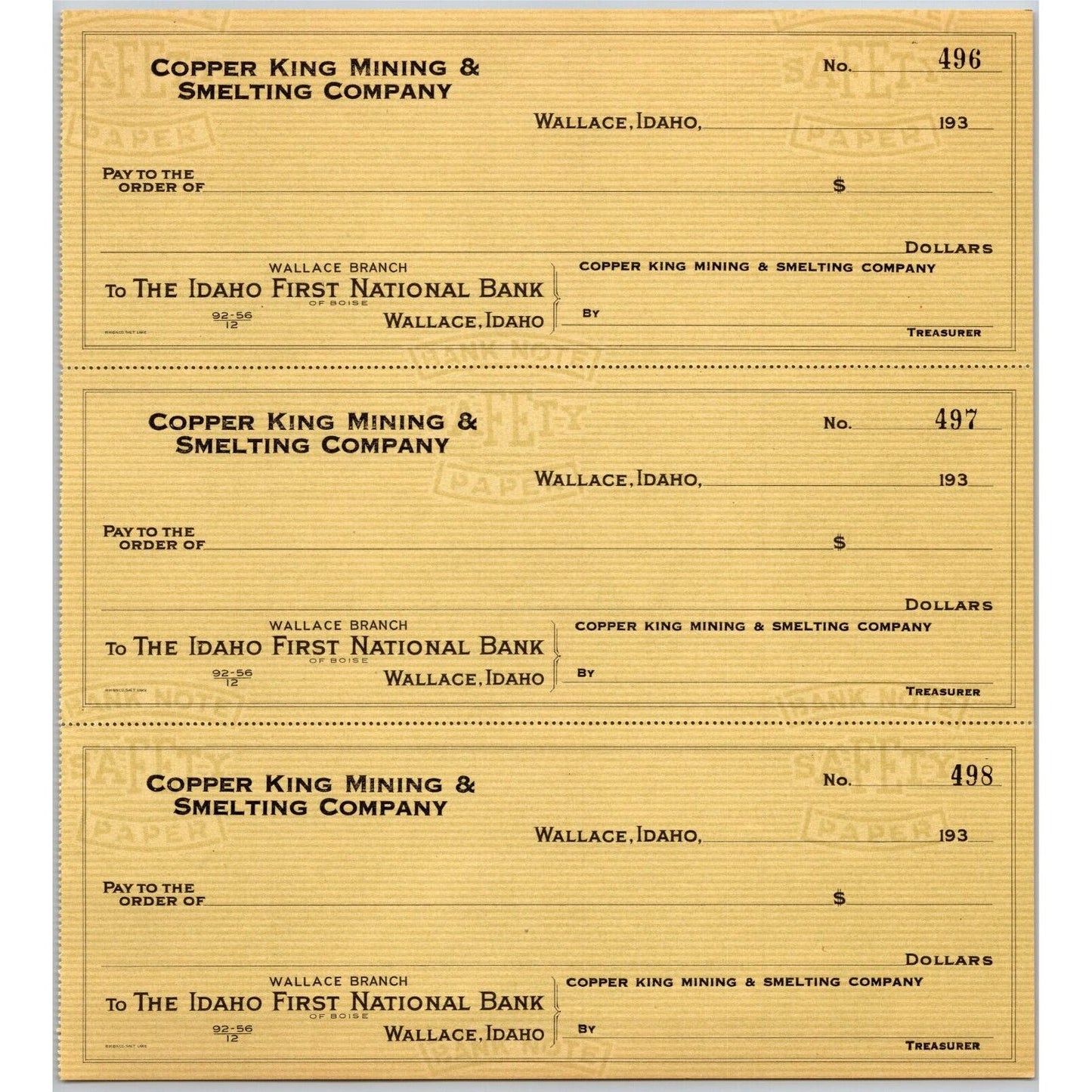 Wallace, ID Copper King Mining & Smelting Co. Bank Check Sheet 1930's