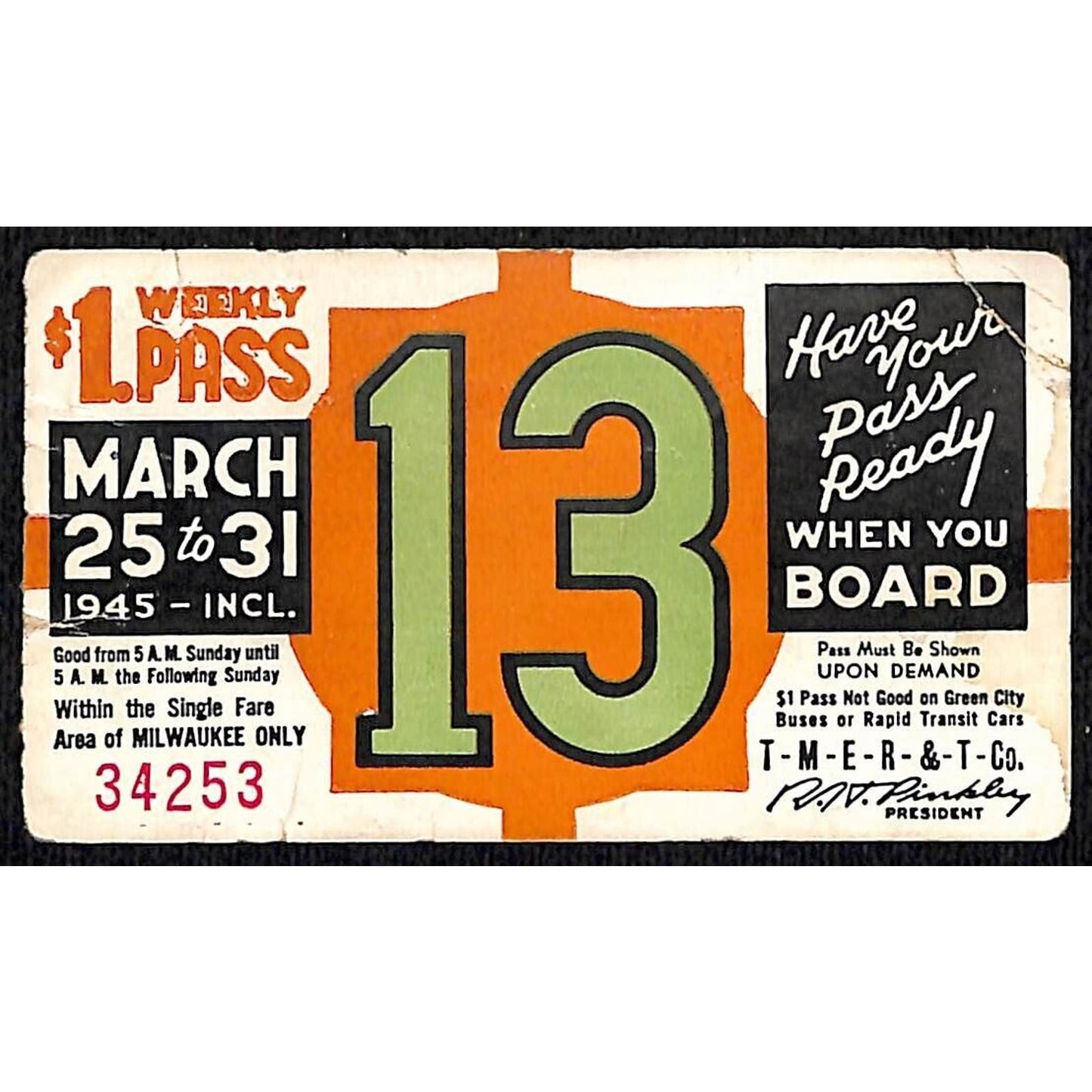 TMER&T Milwaukee Electric Railway & Transport 1945 Weekly Transit Pass #34253