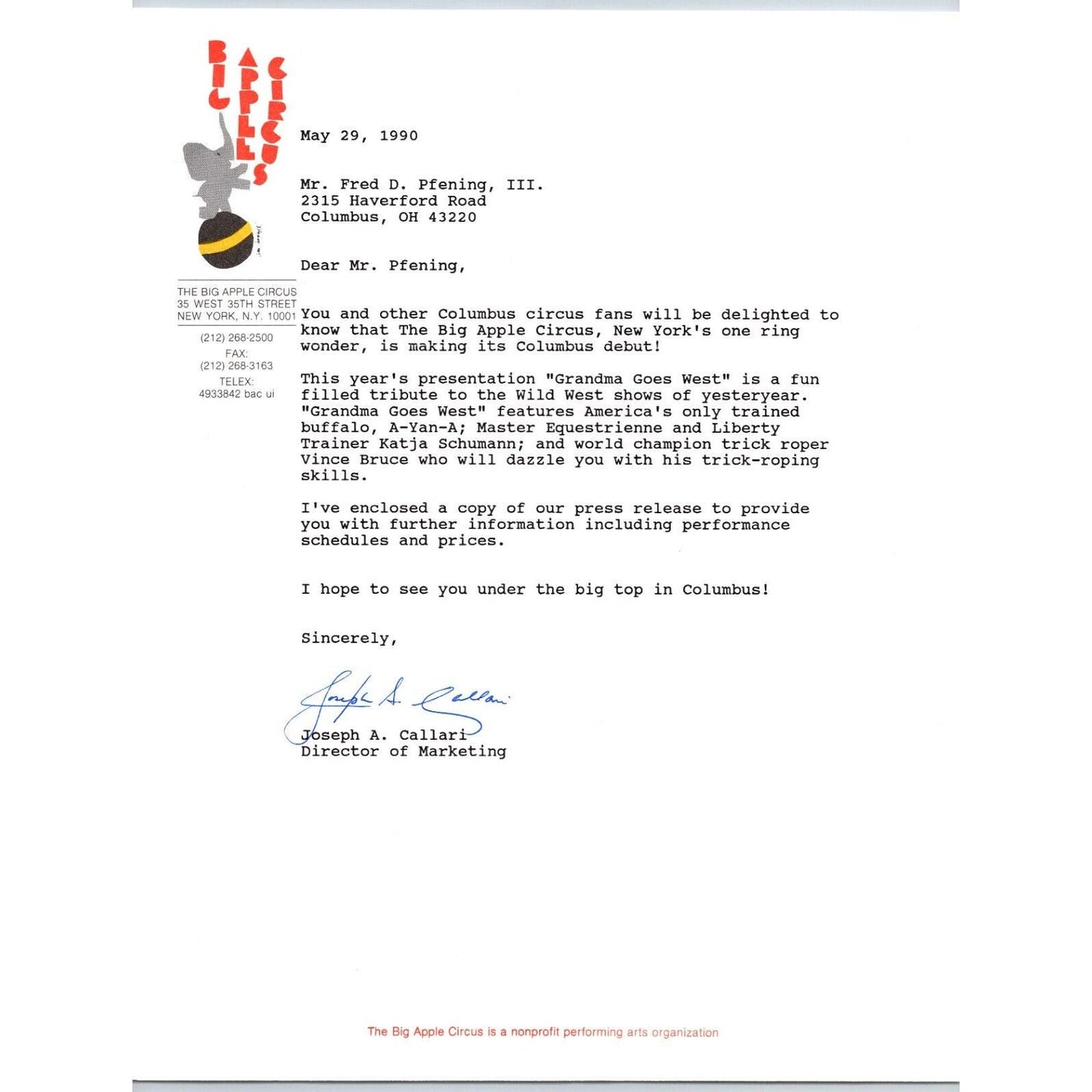 Big Apple Circus Letterhead Juggling Elephant on Ball 1990