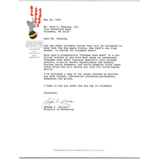 Big Apple Circus Letterhead Juggling Elephant on Ball 1990