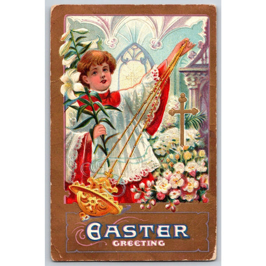 Easter Postcard "Easter Greeting" Church Gold Cross Boy w/ Incense Emb. PM 1909