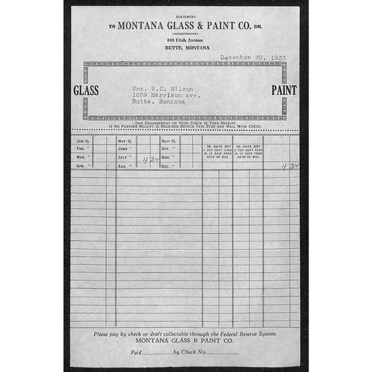 Montana Glass & Paint Montana Dec 1933 Billhead Letterhead - Wilson Drug