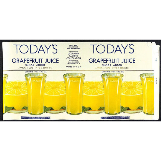 1948 Paper Can Label Today's Grapefruit Juice -- California Packing
