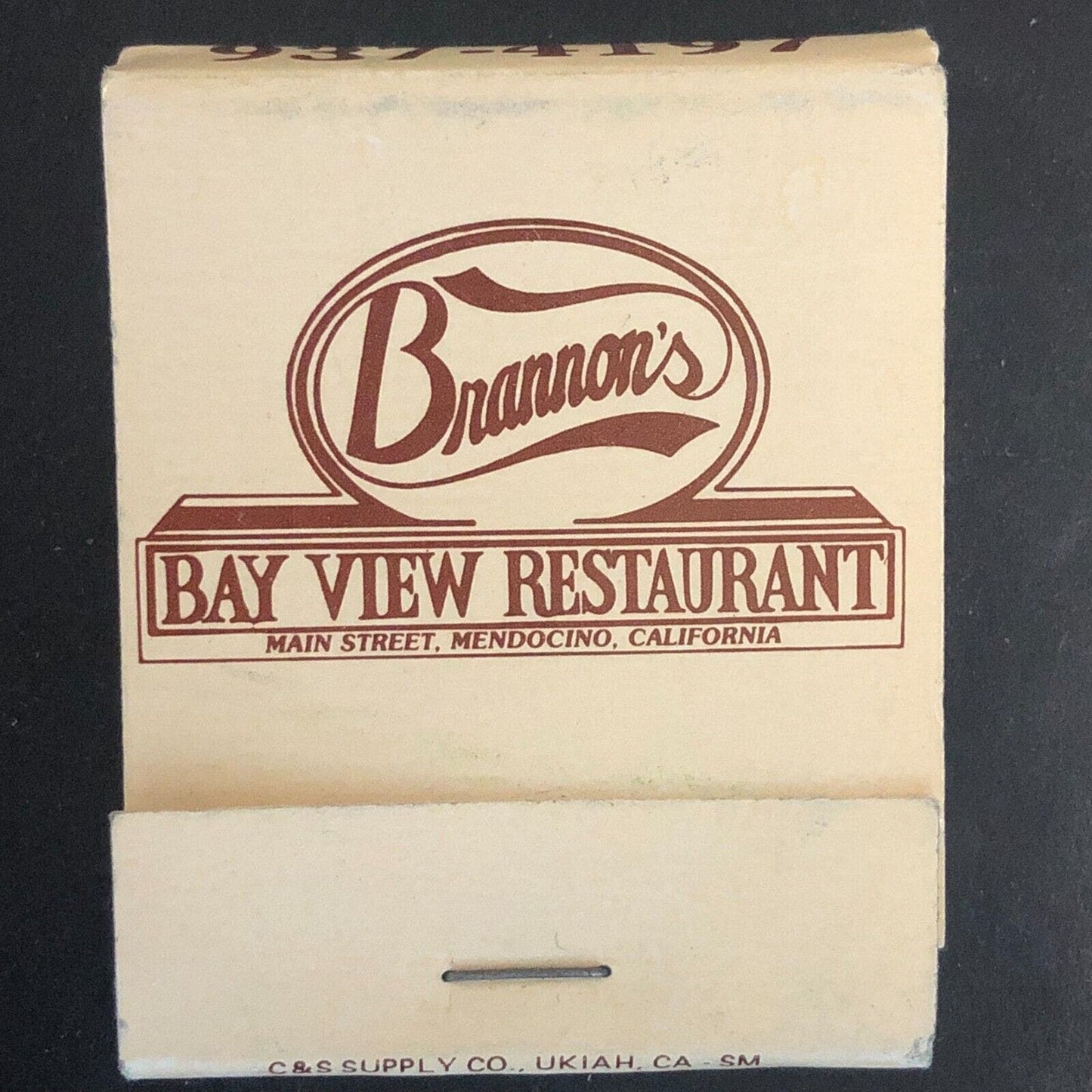 Brannon's Bay View Restaurant Mendocino, CA Full Matchbook c1975-85