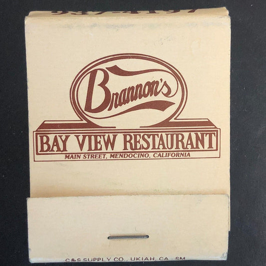 Brannon's Bay View Restaurant Mendocino, CA Full Matchbook c1975-85
