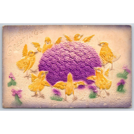 Easter Postcard "Easter Greetings" Baby Chicks Surround Egg EMB. PM 1910