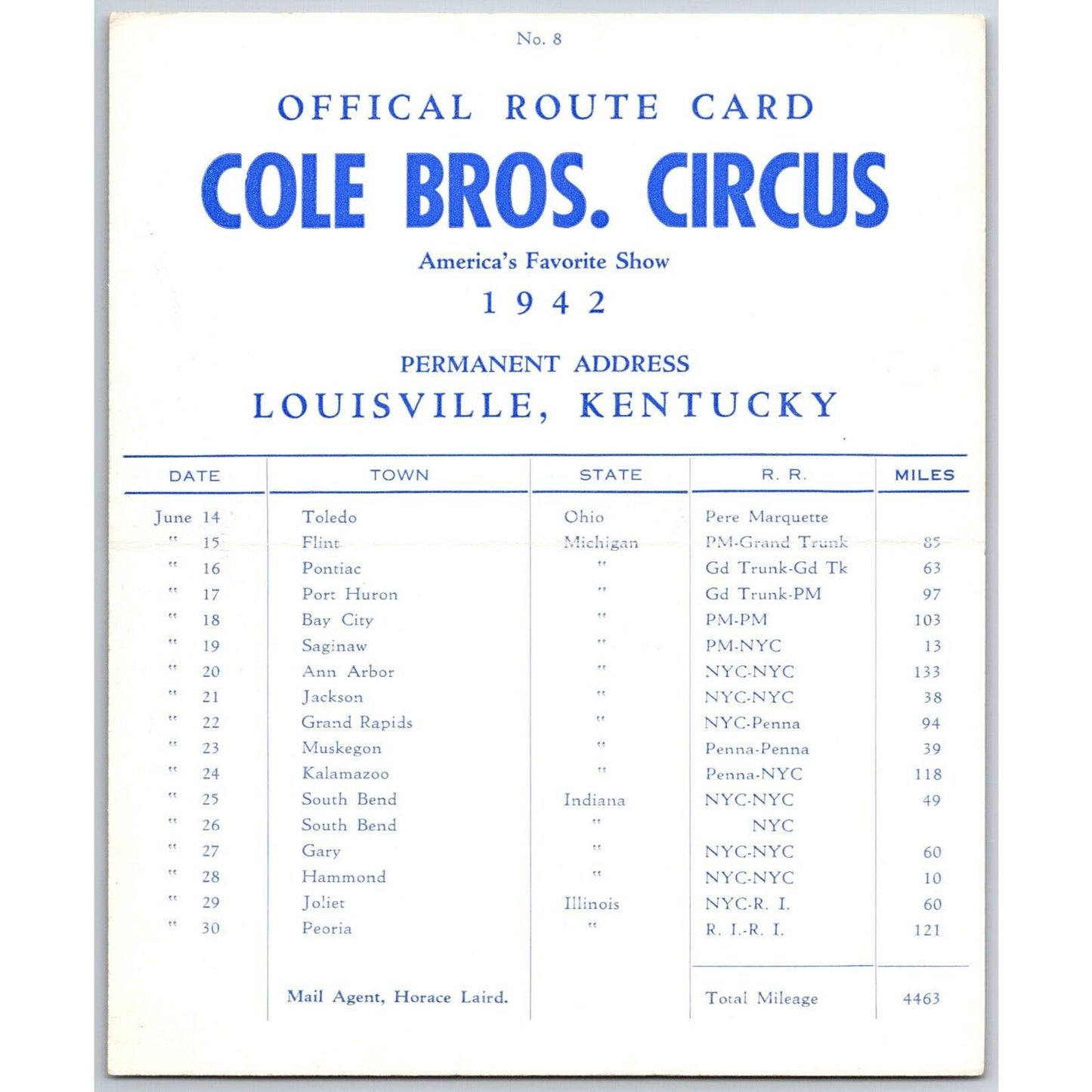 1942 Cole Bros Circus Route Card Michigan Indiana Illinois