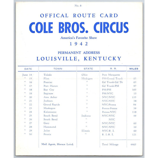 1942 Cole Bros Circus Route Card Michigan Indiana Illinois
