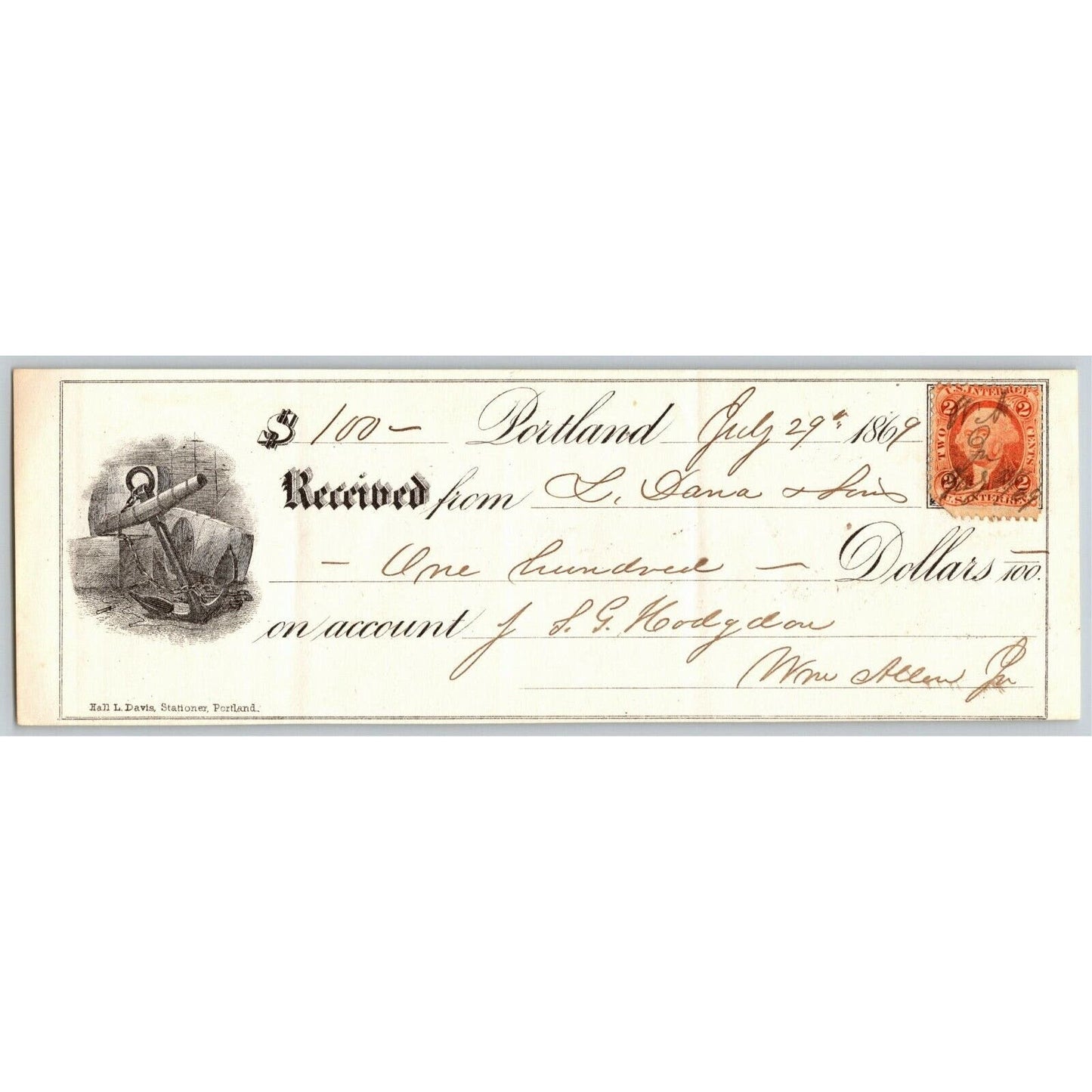 1869 Portland (Maine) $100 Bank Check w/ Anchor Vignette