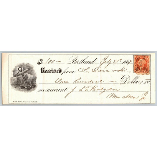 1869 Portland (Maine) $100 Bank Check w/ Anchor Vignette