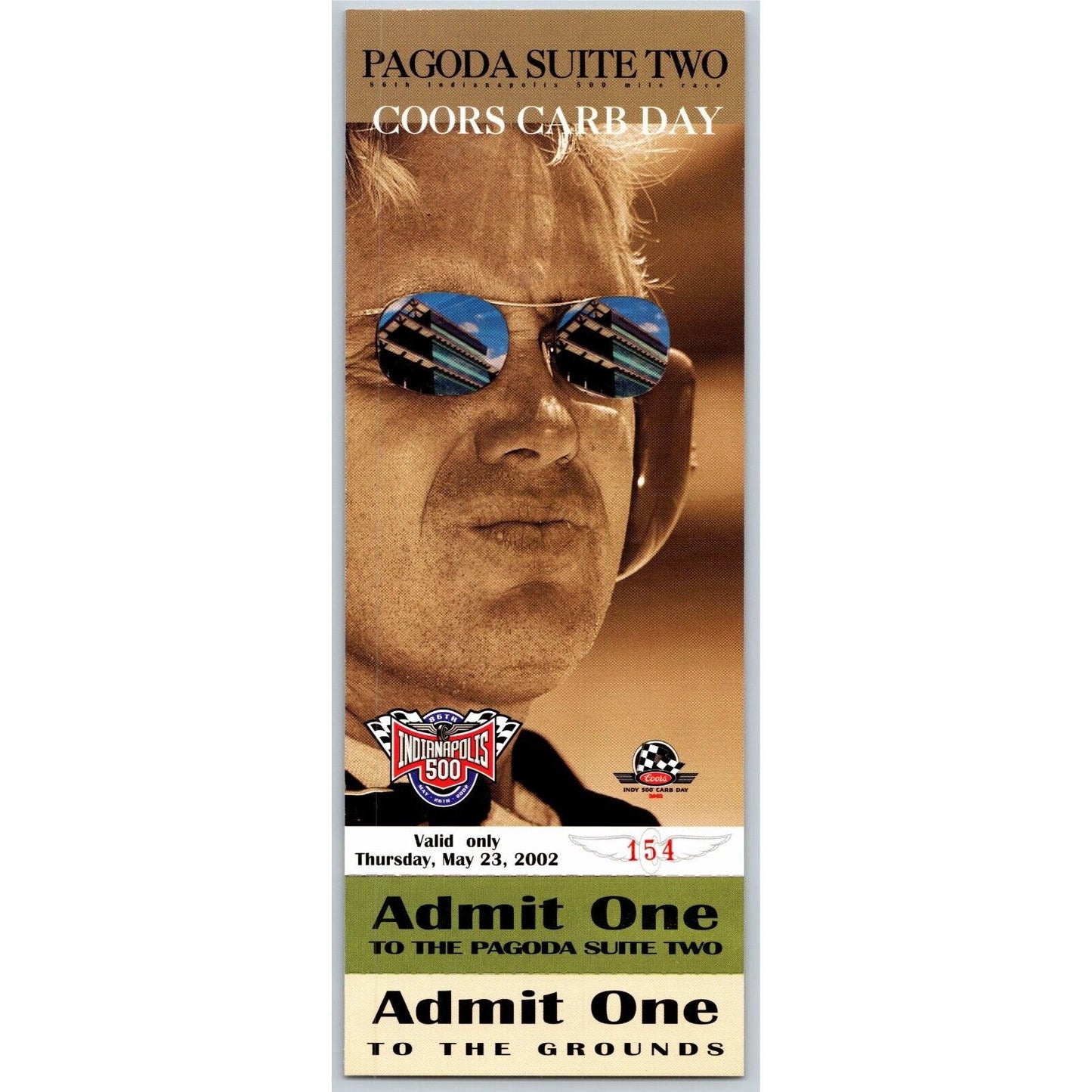 2002 Indy 500 Coors Carb Day Pagoda Suite Two Unused Ticket IMS #154