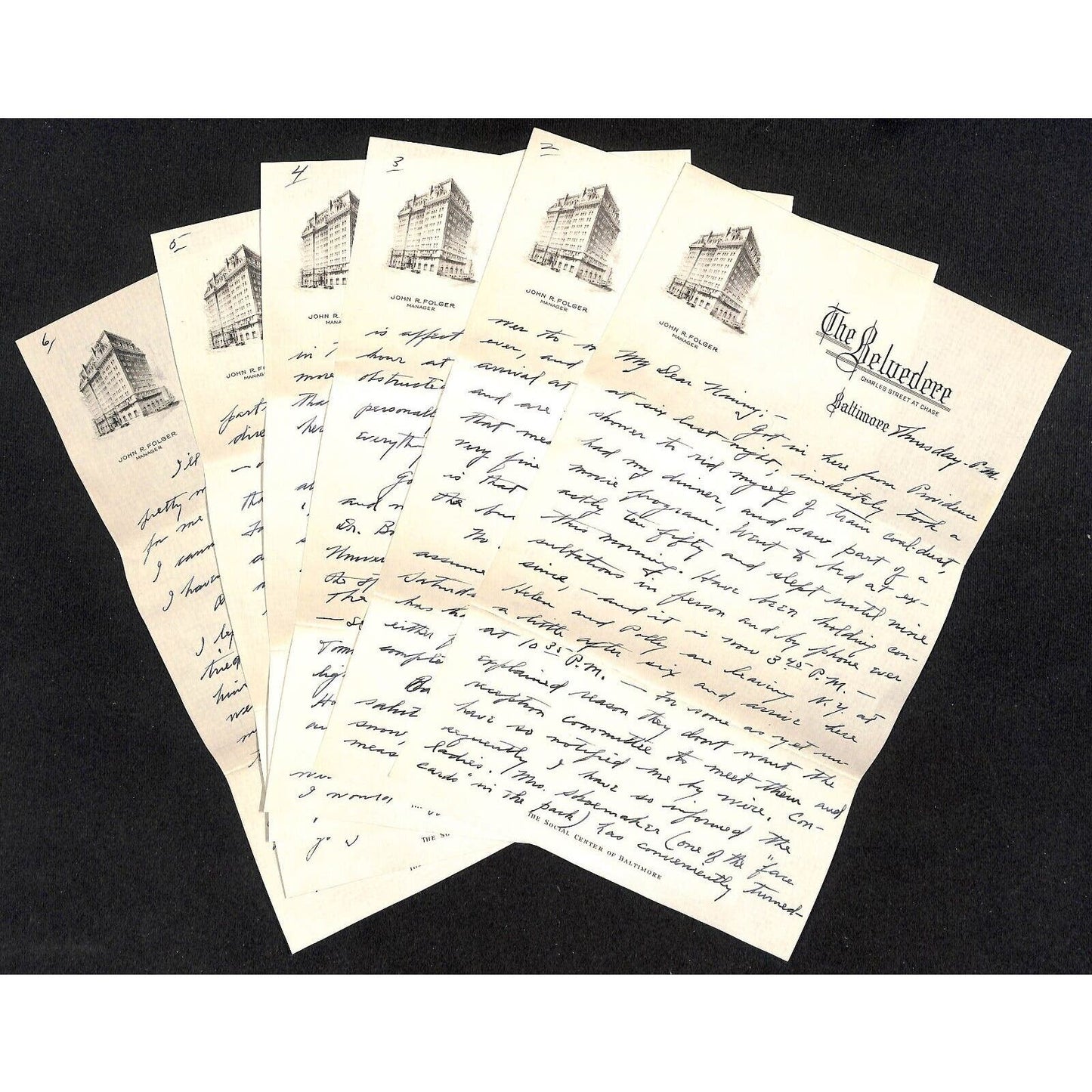 Belvedere Hotel Baltimore Stationary 1938 6 page ALS w/ Cover VGC