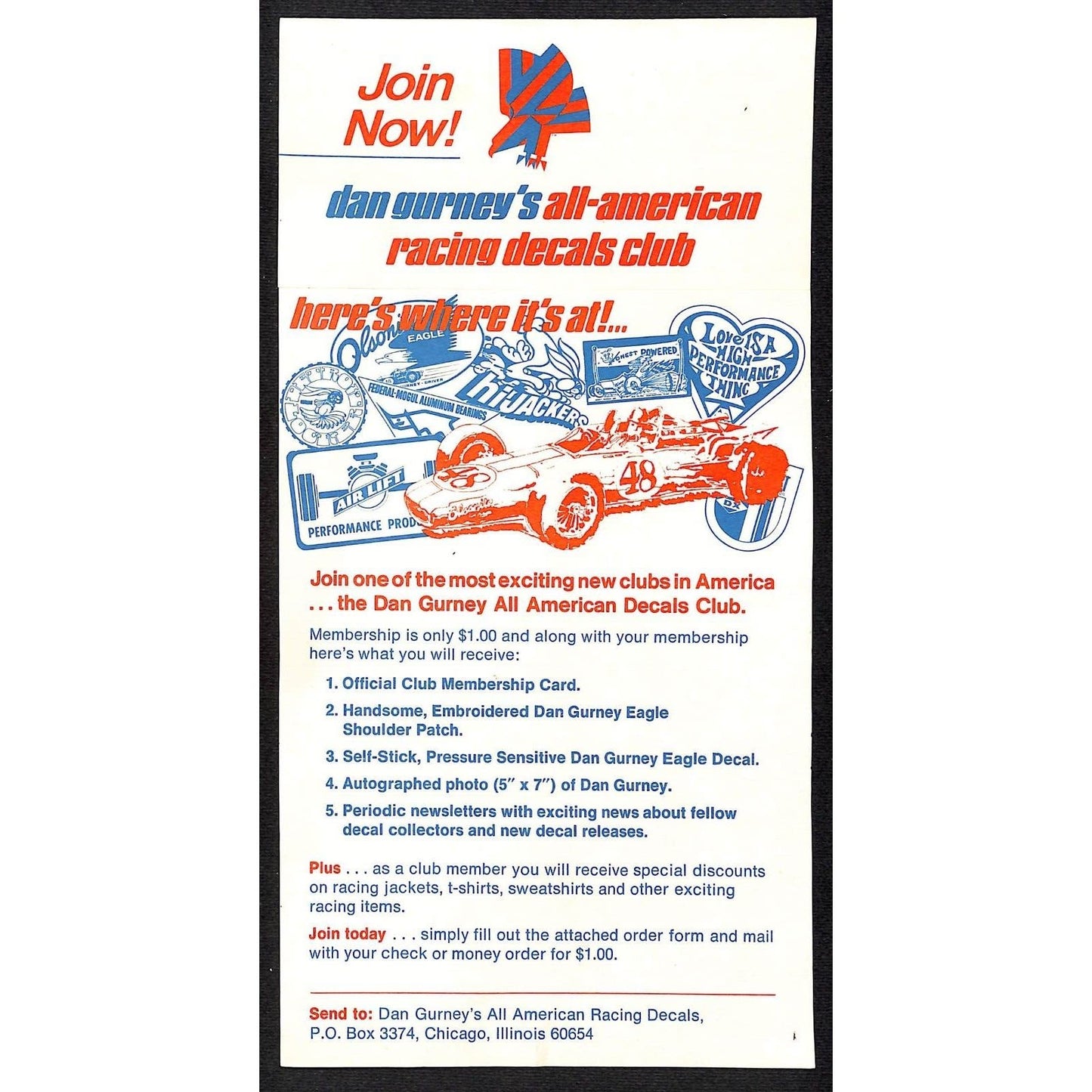 Dan Gurney's All American Racing Decals Advertising Mail-in Detach Form c1970
