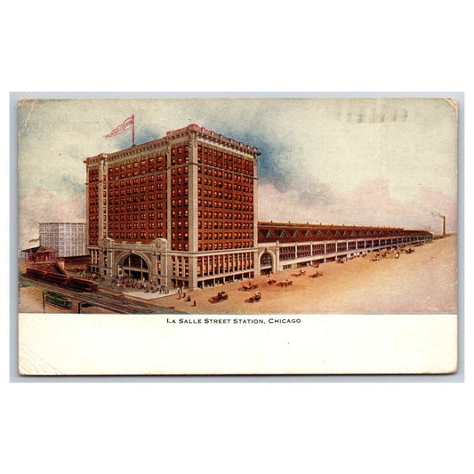 LaSalle Street Station, Chicago Railroad Postcard Autos & Passengers PM 1916
