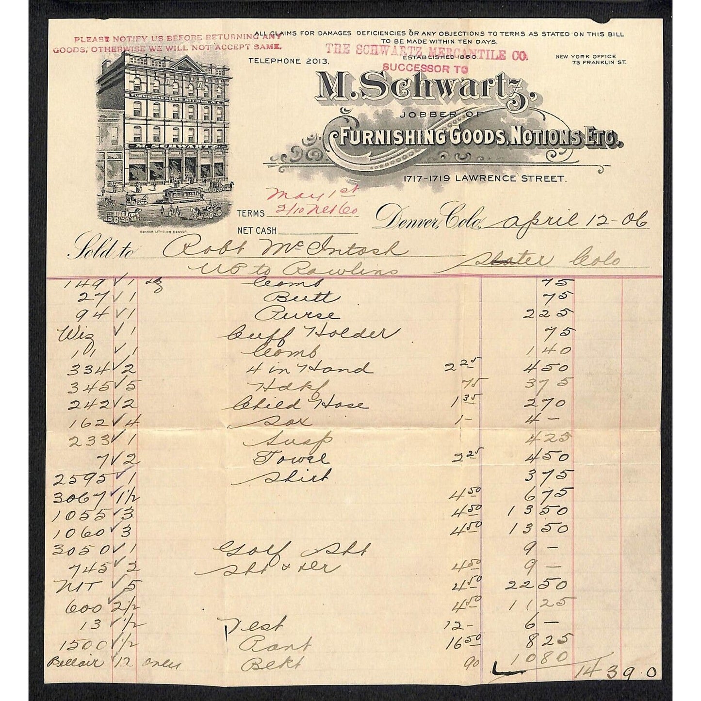 Denver, CO M. Schwartz Mercantile Furnishing 1906 Notions Letterhead Scarce