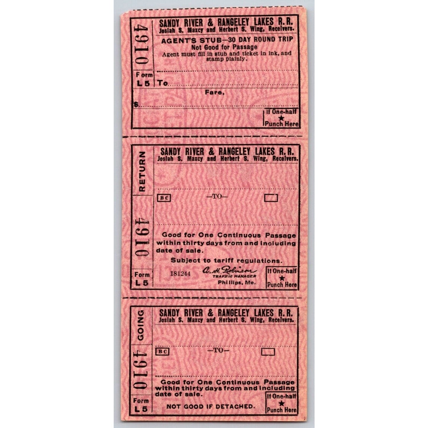 Sandy River & Rangeley Lakes Railroad Unused Write-in Ticket #4910 VGC Scarce