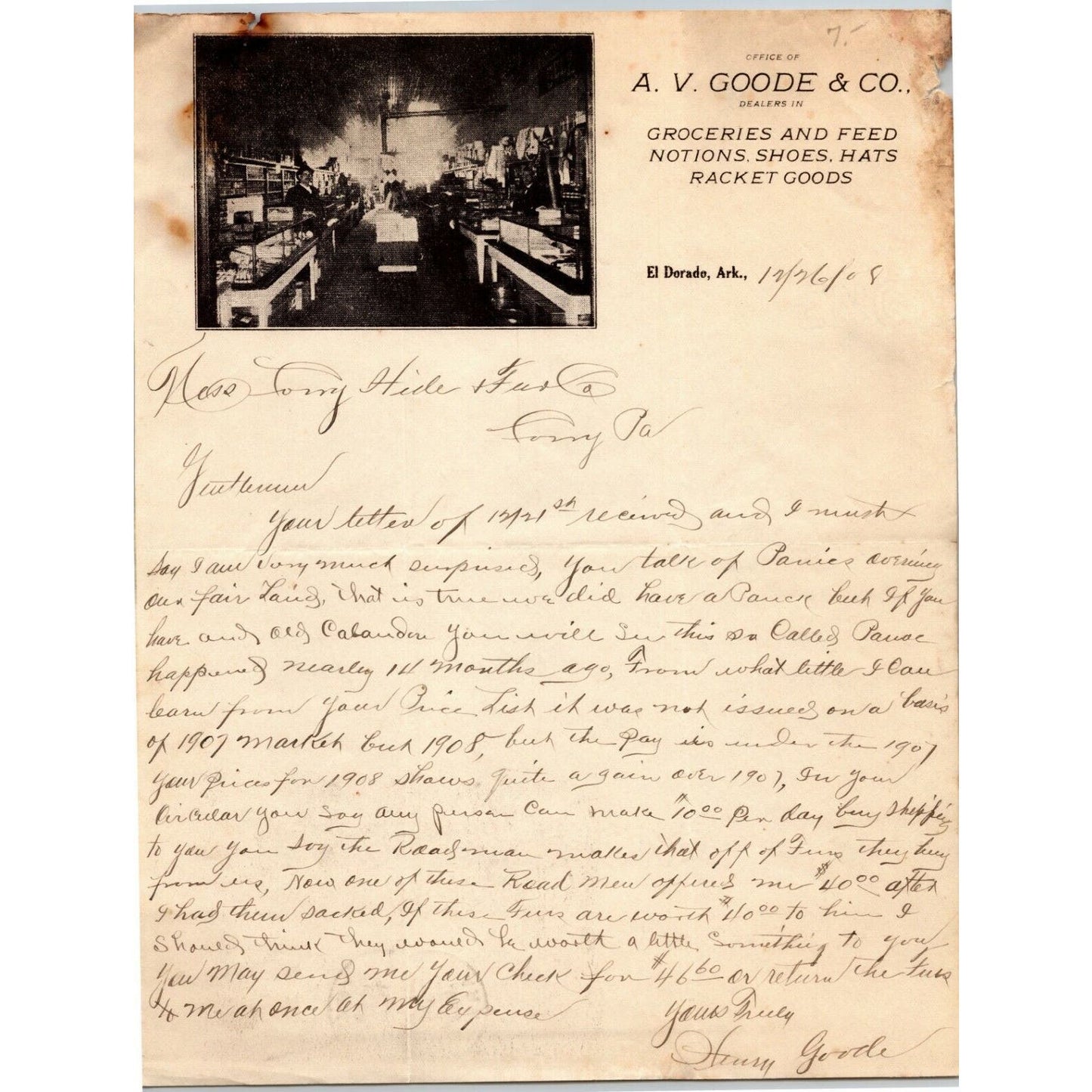 A.V. Goode & Co. 1908 El Dorado, Ark. Letterhead to: Corry Hide & Fur Penn. ALS