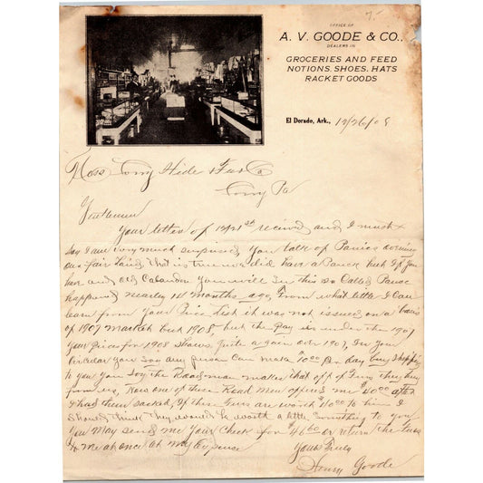 A.V. Goode & Co. 1908 El Dorado, Ark. Letterhead to: Corry Hide & Fur Penn. ALS
