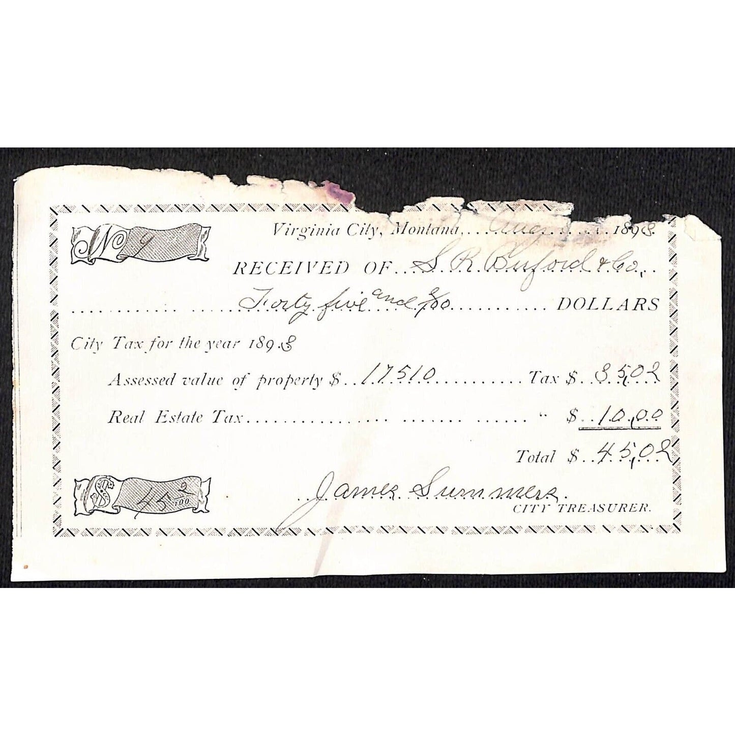 Virginia City Montana S.R. Buford 1893 $45.02 City Property Tax Payment Receipt