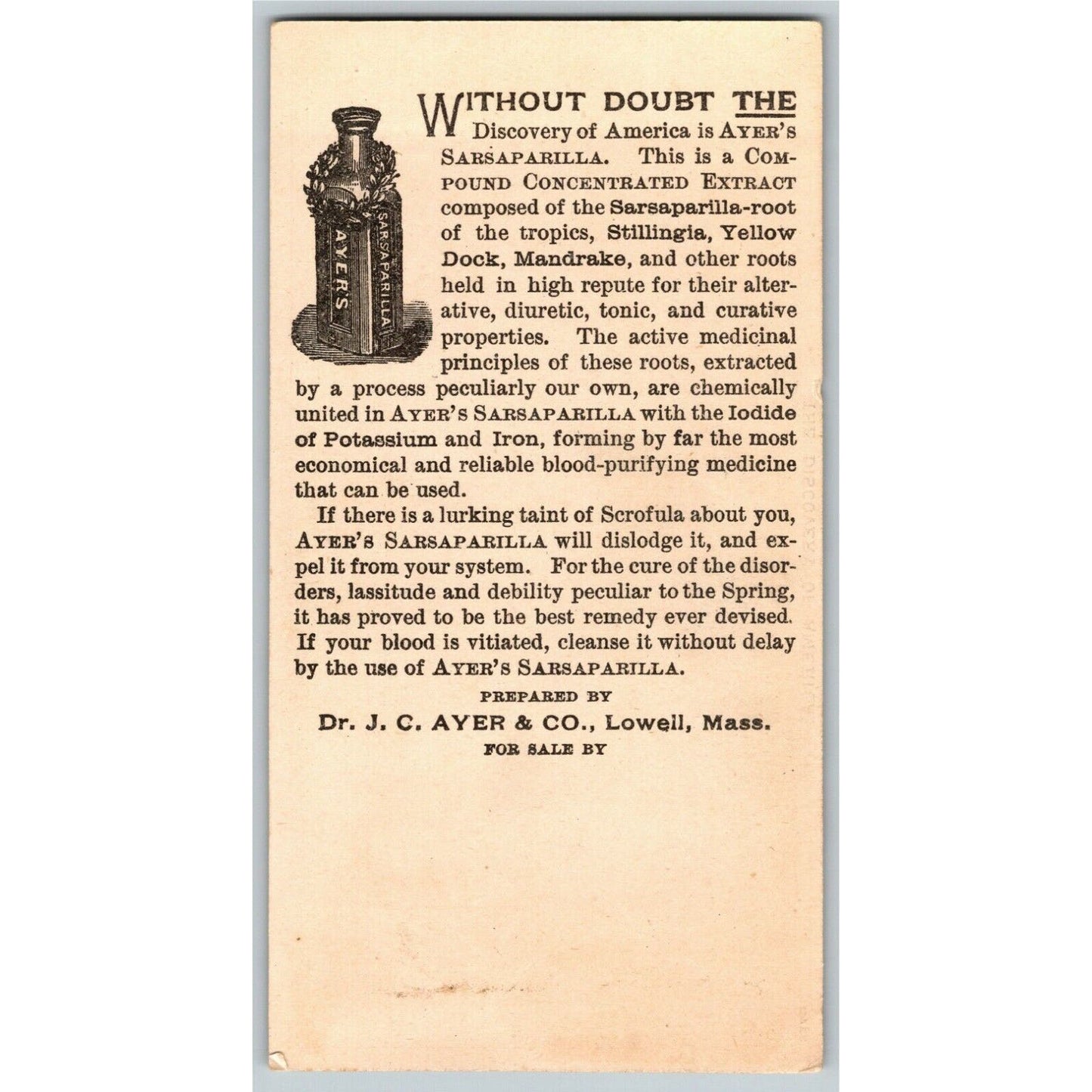 Victorian Trade Card Columbus "Discovers" Ayer's Sarsaparilla - Lowell, MASS