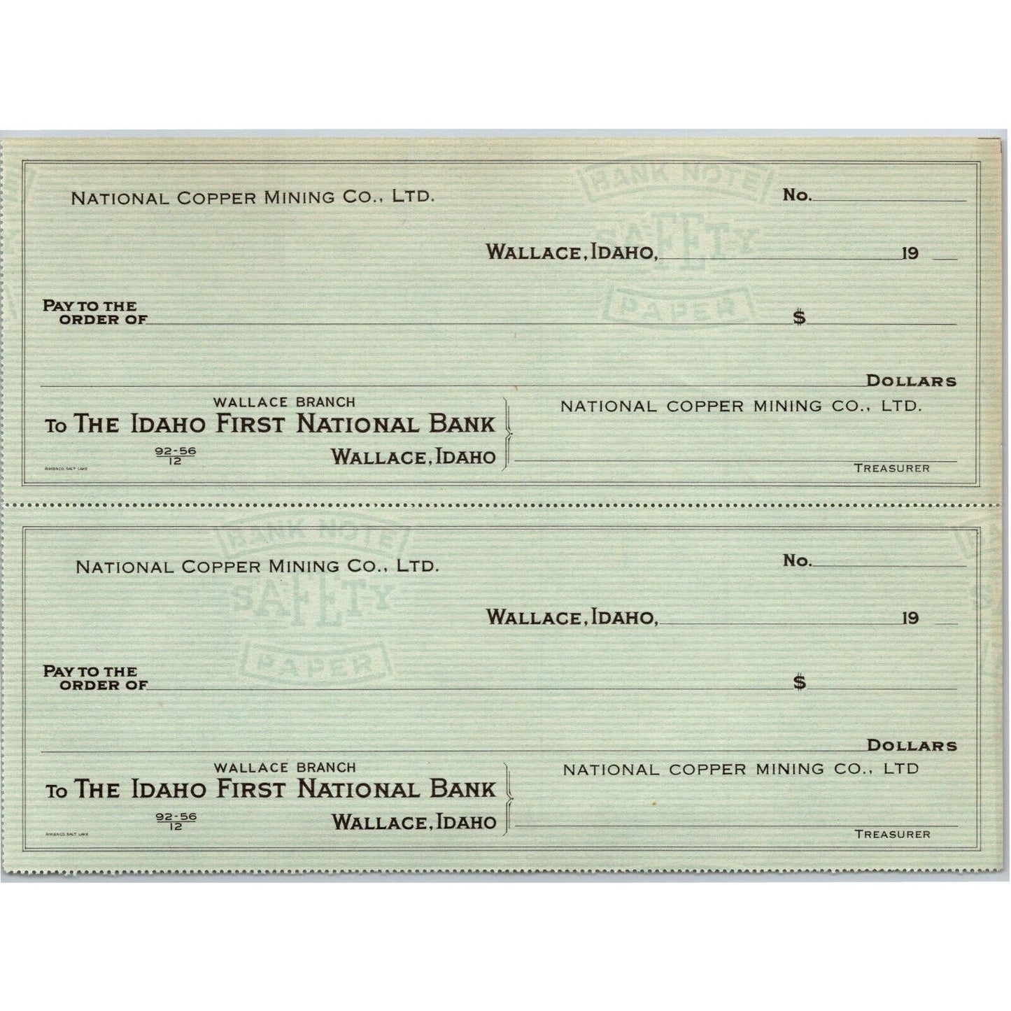 National Copper Mining Company Wallace, Idaho - Bank Check Sheet - c1930's-40's