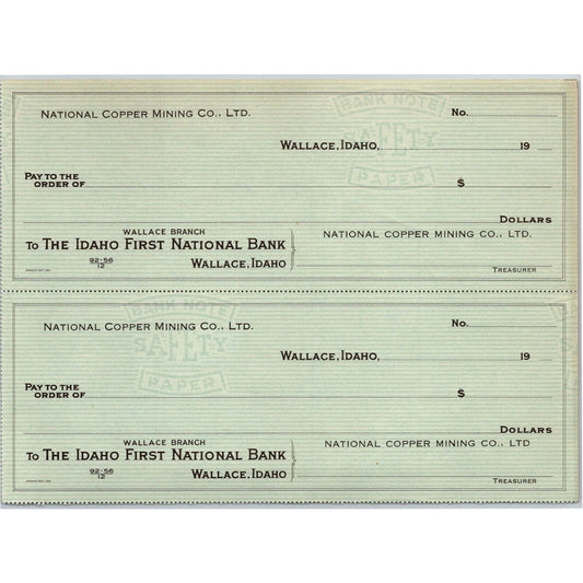 National Copper Mining Company Wallace, Idaho - Bank Check Sheet - c1930's-40's